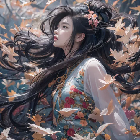 32K（tmasterpiece，k hd，hyper HD，32K）Long flowing black hair，ponds，zydink， a color，  Xuzhou people （Sexy girl nipple）， （Blue and white silk scarf）， Combat posture， looking at the ground， long whitr hair， Floating hair， Carp pattern headdress， Chinese long-sl...