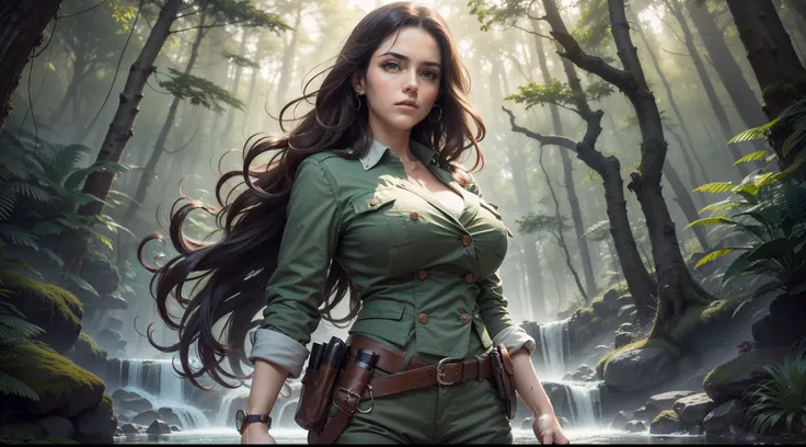 Movie poster, Big-breasted woman, Long hair, Dark green trousers, 1 belt, Holster with a pistol, just one body, Front view, forest, waterfallr, Night