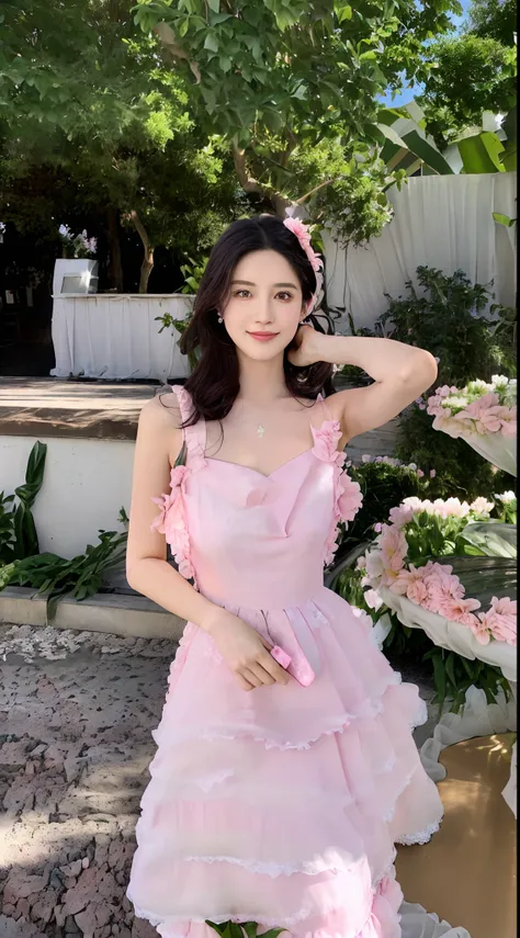 Alafi woman in pink dress poses in front of a flower pot, wearing pink floral gown, Romantic dress, rococo ruffles dress, flowery dress, Flower dress, wearing a long flowery dress, wearing in a summer dress, wearing organza gown, lady with glowing flowers ...