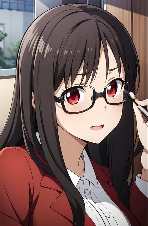 there is a woman with glasses and a red jacket posing for a picture, wavy long black hair and glasses, with glasses, with black eyeglasses, girl with glasses, with square glasses, with glasses on, spectacled, girl wearing round glasses, thick round spectac...