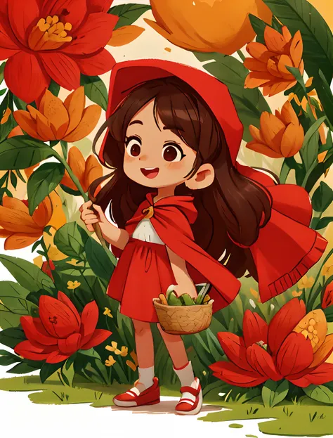 draw a cartoon girl with a basket and a red hooded cape standing on a delicate shoe, cabelo solto longo escuro encaracolado, cab...