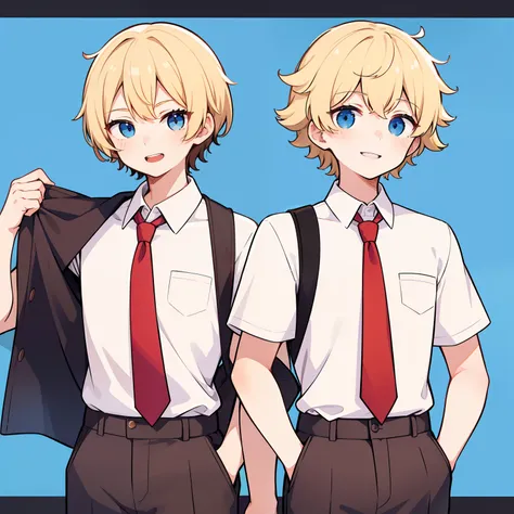 superfine illustration,Animated,1boy, Yaoi,School,Guy,man,Mans,Short hair,Curly hair,Parted bangs,Blonde hair,Short sleeve,half-pants,Brown pants,Smile,Blue eyes,White skin,White shirt,Red tie,Two back teeth,hitornfreckles, superfine illustration,Animated,...