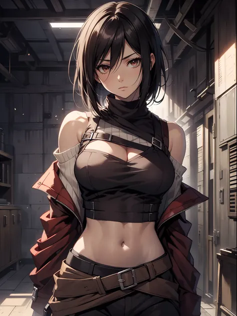 mikasa_ackerman，solo person，byself，off-the-shoulder clothing，muscline，cleavage，nabel，open waist，abs，vest line，off-the-shoulder a...