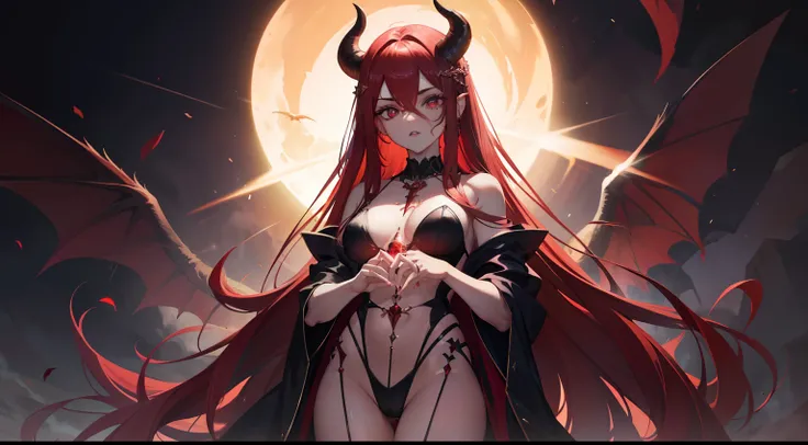 Fundo de magia escura simples , Jantar de terror , Diabo feminino bonito e sexy , bright red magic eyes , Reddish magic orb shining in two hands at the same time , female devil looking at orb , asas grandes escuras , Face Ultra Detalhada , (Cena ultra deta...