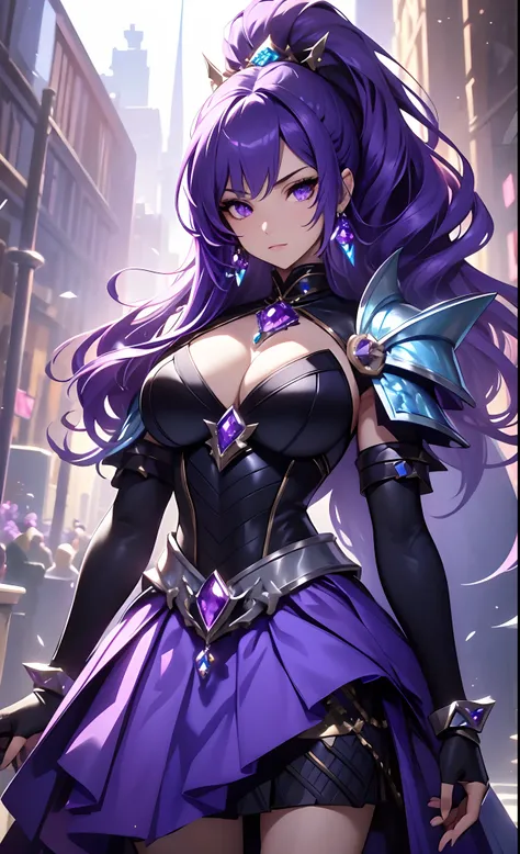 best qualityer，tmasterpiece，Ultimate resolution，downy，Extremely colorful，Colorful，Lady Knight，Royal Sister，Blue-purple armor skirt，Full body set with gemstones，amethyst，huge tit，（Short thin purple hair，High ponytail），Shield set with precious stones，jewelry...