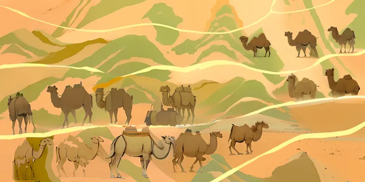 There are many camels walking in the desert, camelstoe, camel, wandering the desert landscape, Sand desert fantasy, desert lands, The desert is in a Chinese mural, film Silk Road landscape, Desert, The desert is colored pencils, somewhere in sands of the d...