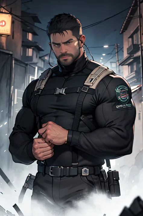 old countryside village in the background, old chris redfield from resident evil 8, 48 year old, muscular male, tall and hunk, b...