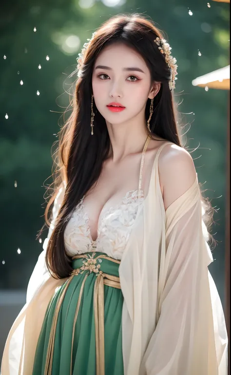 ((Best Quality, 8k, Masterpiece: 1.3)), Focus: 1.2, Perfect Body Beauty: 1.4, Buttocks: 1.2, ((Layered Haircut)), (Wet Clothes: 1.1), (Rain, Street:1.3), (Breasts: 1.2), (Hanfu: 1.2), Bare Shoulders, Bare Legs, Highly Detailed Face and Skin Texture, Fine E...