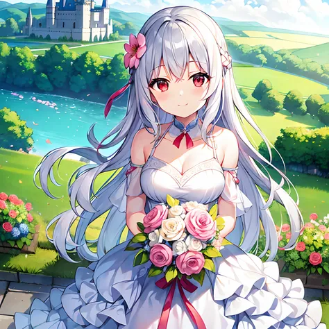 wavy silver hair、red eyes、Beautiful girl alone、独奏、animesque、Have a bouquet、doress、off shoulders、flower  field、castle in background、A smile、flower petals、suns、Sunlight Yellow