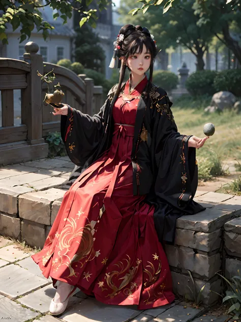 absurdes, high resolucion, ultra detailded, (1fille:1.3), hand drawn, ligne simple, fille de 16 ans en rouge hanfu chinois , mas...