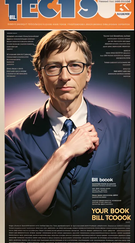 cover of a 90s tech magazine called TechBook with image of  Bill Gates . Realistic, ultrarealistic, detailed, graphics --auto --s2