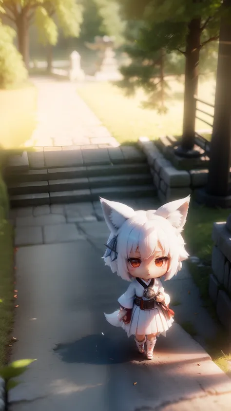 (((chibi 3d)))Fox girl, Short hair, White hair, Wolf ears, Red eyes, Detachable long sleeves, White kimono, Pleated miniskirt, Fox tail, Nine-tailed fox、Diffused sunlight, depth of fields, light particules, strong winds,
Blue sky, Shrines, stone steps, bla...