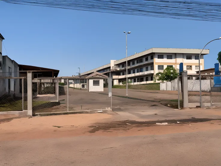 There is a fence that is in front of a building, universidade em segundo plano, faculdade, vista externa, acampamento moderno ao fundo, Front view, imagem central, vista das ruas, Malika Favre, building in the distance, picture taken from the ground, 3D-re...