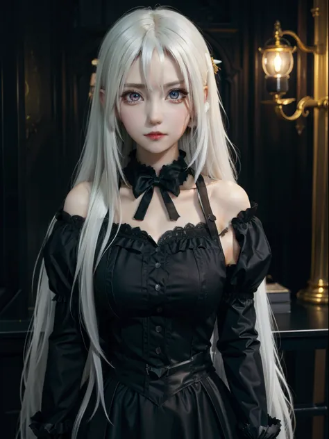 Kizi，Long white hair，Golden eyes，Gothic loli costume