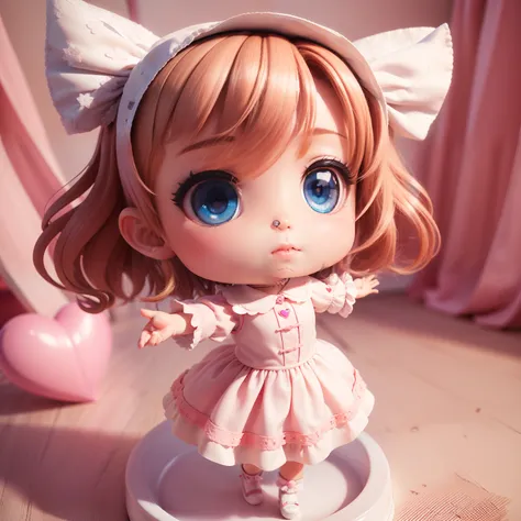 ((((chibi3d))) Best Quality), (masutepiece)、A 14-year-old girl is Russian with big blue eyes、Wavy bob hairstyle with brown hair、The figure is very slim、Blanc Womens Lace Blouse, Offshore style, Skipper Dresses, Shirt、Shape the heart with your hands、A sligh...