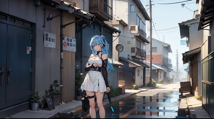 Anime girl with blue hair and white dress standing in front of the building, trending on artstation pixiv, anime moe art style, from girls frontline, girls frontline style, style of anime4 K, Anime art wallpaper 8 K, Guweiz in Pixiv ArtStation, Guweiz on A...