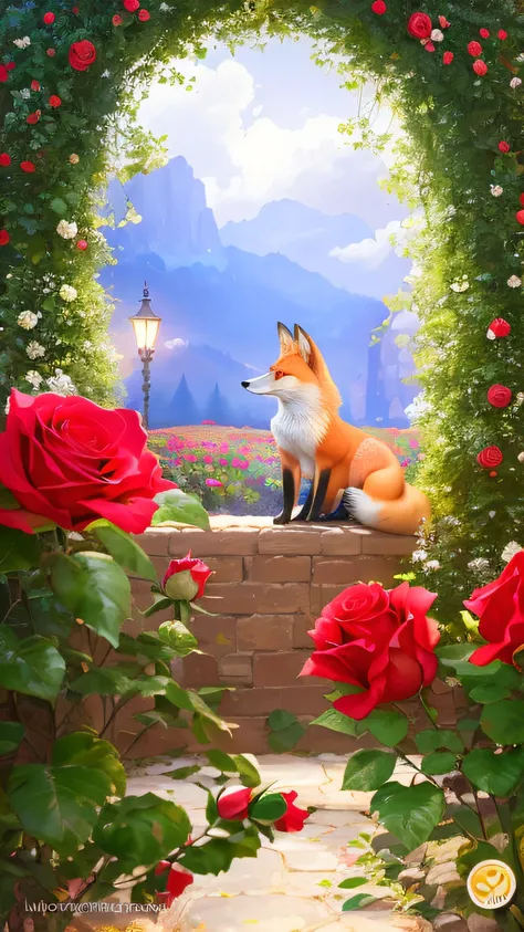 A painting of a fox sitting in the garden and roses, fantasy fox love, Beautiful wallpaper, adorable digital art, Cute detailed digital art, Amazing wallpapers, Very Beautiful Digital Art, Cute fox, author：Alexander Kucharisky, author：Igor Grappa, beautifu...