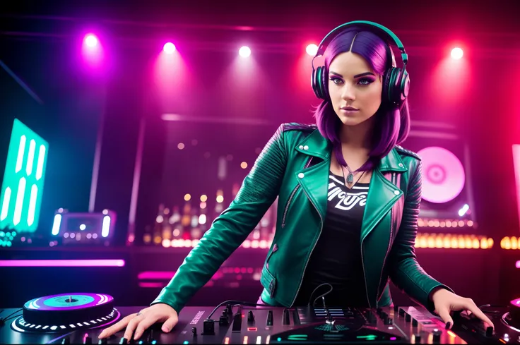 A woman as a dj in a bar. She has dark purple hair, green eyes, leathers jacket, red and teal big headphones. Dj equipment, many lights, sparkles, vynil records, rock club atmosphere.