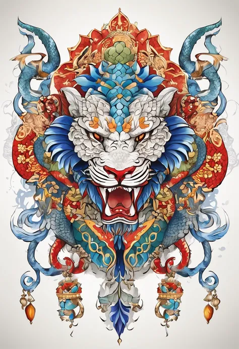 (White background:1.4),(Symmetrical:1.5),(masterpiece giant python head, In the middle, Oriental elements),（China - chic illustration:1.2, Vector painting:1.2),(Chinese colors,senior color matching),( reasonable design, Clear lines, High sharpness,best qua...