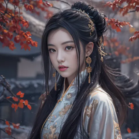 32K（tmasterpiece，k hd，hyper HD，32K）Long flowing black hair，ponds，zydink， a color，  Xuzhou people （Seduce girls）， （Red scarf in the snow）， Combat posture， looking at the ground， long whitr hair， Floating hair， Carp pattern headdress， Chinese long-sleeved si...