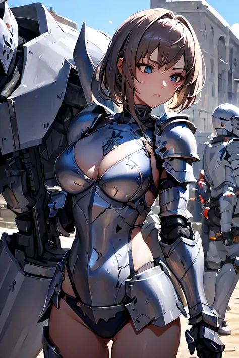 a close up of a woman in armor holding a sword, armor girl, bikini-armor、mobile infantry、, combat suit、 bikini-armor, gorgeous f...