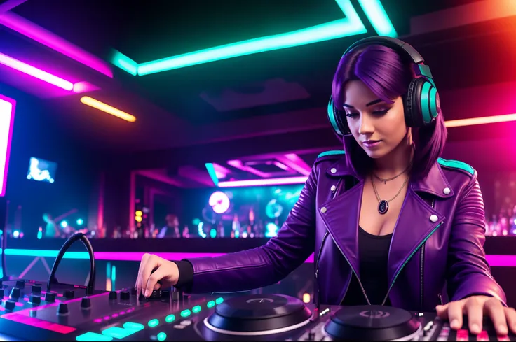 A woman as a dj in a bar. She has dark purple hair, green eyes, leathers jacket, red and teal big headphones. Dj equipment, many lights, sparkles, vynil records, rock club atmosphere.