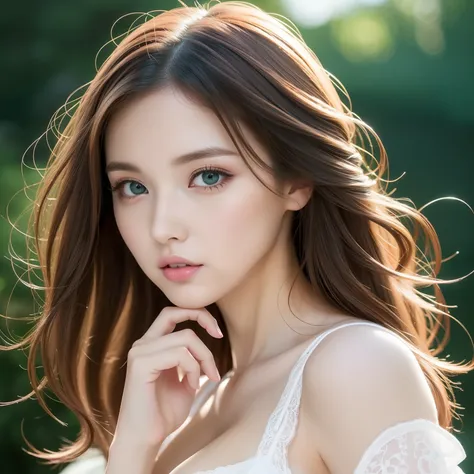 High image, Super Detail, High resolution, Anime, Manga, Illustration, Strong-willed super beautiful woman, make up, Ecstatic expression, Amorous expression, Seductive look, Flowing layered white shiny wavy hair, Hair over one eye, big eyes of glowing gree...