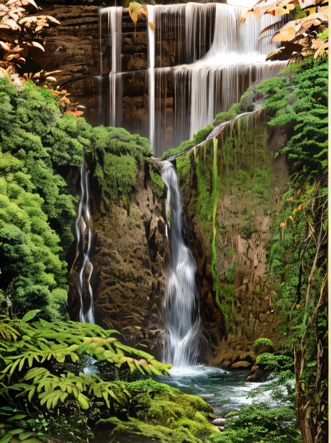 uma vista de uma cachoeira no meio de uma floresta verde exuberante, Coban, cachoeiras altas, cachoeiras enormes, with trees and waterfalls, com cachoeiras, several waterfalls, cachoeiras e lagos, cachoeira abaixo, cachoeira ao fundo, cachoeira enorme, sev...