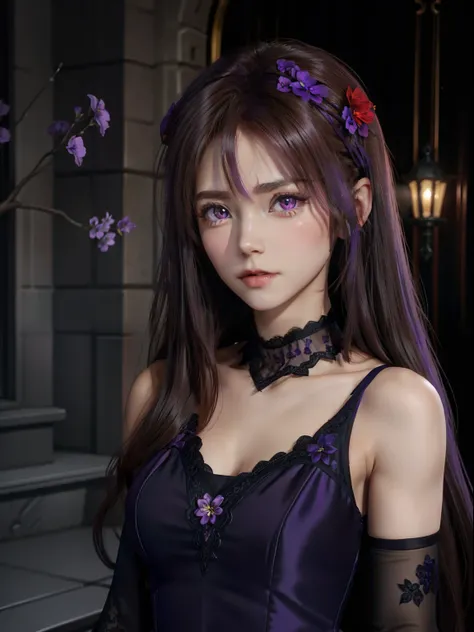 one-girl，Long brown hair，red color eyes，He wears small purple flowers on his head，Purple dress，Black lace gloves