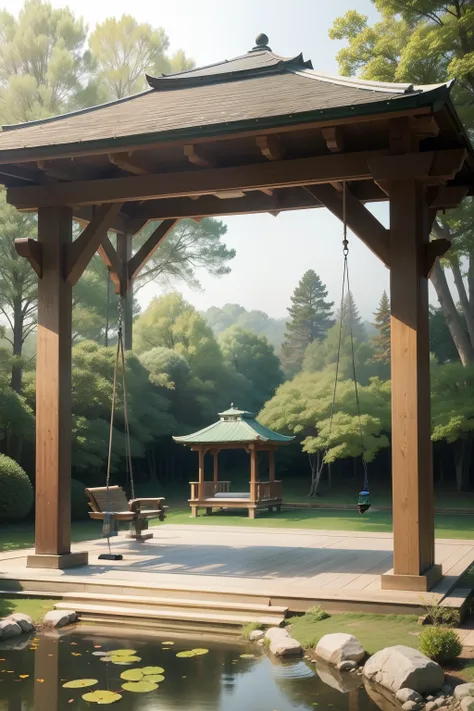 The swing is huge，the woods，ponds，gazebo，kotori，smog