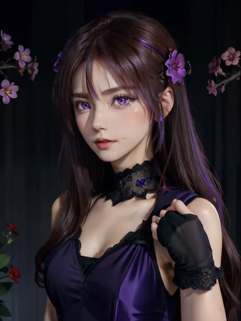 one-girl，Long brown hair，red color eyes，He wears small purple flowers on his head，Purple dress，Black lace gloves