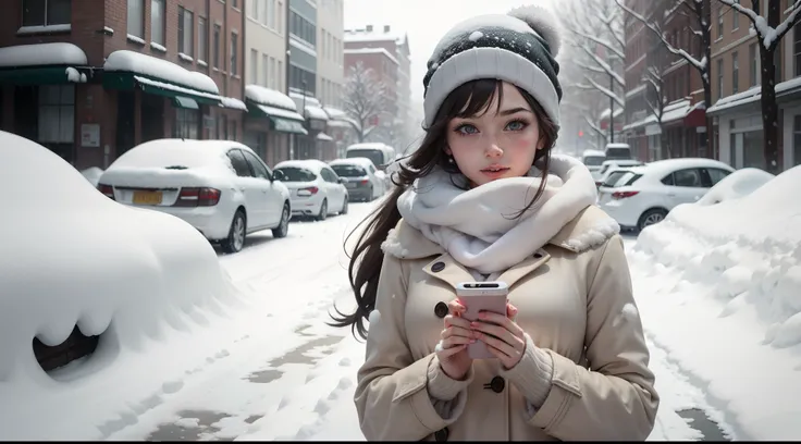 On a snowy winter day，A woman in her twenties in the snow