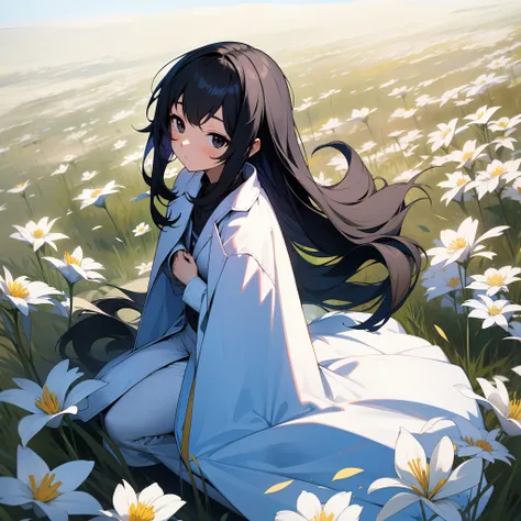 teens girl，black hair and black eyes，sit on a field full of white flowers，holding a long sword in his arms，wears a wide plain wh...