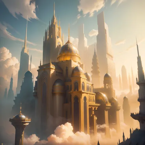 Fantasy, ((In the style of Greg Rutkowski)), Heavenly Angels, ((New Heaven, New Earth)), ((Futuristic architecture)): Celestial Mansions of Gold and Crystal rising above vibrant forests, inhabited by magical creatures and luminous energy. The crystal rooft...