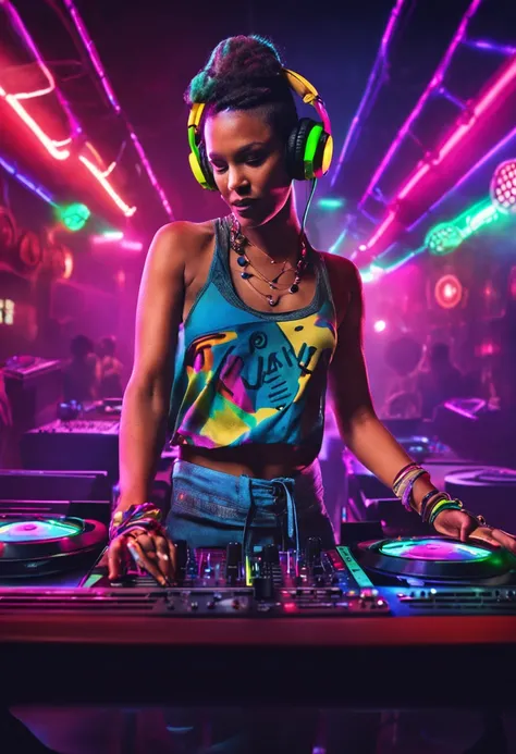 upper body,  female dj, colorful clothes , quirky, vibrant appearance,  playful accessories, creative behavior, imaginative, sensual, spontaneous, dj headphones, mixing console, music club, night club, indie theaters, people dancing on the dance floor back...