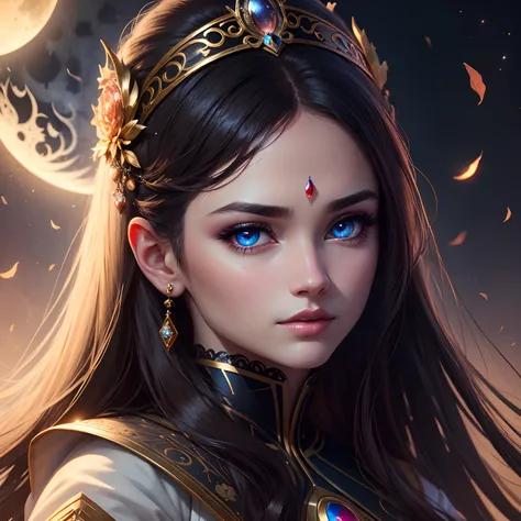 Very Beautiful princesse face sexy face glowing eyes Moon behind hyper realistic super detailed face portrait zoom