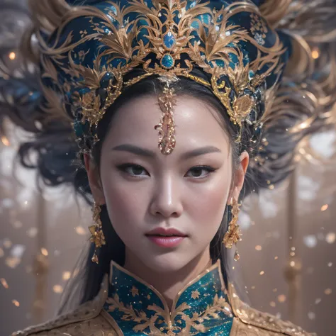 32K（tmasterpiece，k hd，hyper HD，32K）short detailed hair，Gold jewelry area in the back room，Flame Girl ，Yao Lang protector （realisticlying：1.4），Python pattern robe，Purple-pink tiara，Snowflakes fluttering，The background is pure，Hold your head high，Be proud，Th...