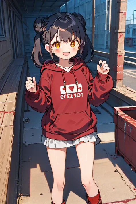 masterpiece, best quality, 1girl, solo, black hair, blunt bangs, braided buns, twintails, yellow eyes, (black big hoodie), (a knee-length hoodie), smiling, laughing, standing, (five fingers), a dirt floor, in the port, construction site, (many containers),...