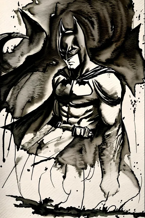 Black and white, grainy, Batman, raining, watercolor