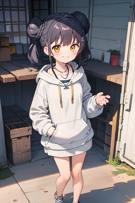 masterpiece, best quality, 1girl, solo, black hair, blunt bangs, (braided buns), twintails, yellow eyes, (black big hoodie), (a knee-length hoodie), ((a silver necklace with pink jewels)), smiling, laughing, waving ones hands to say hello, standing, with o...