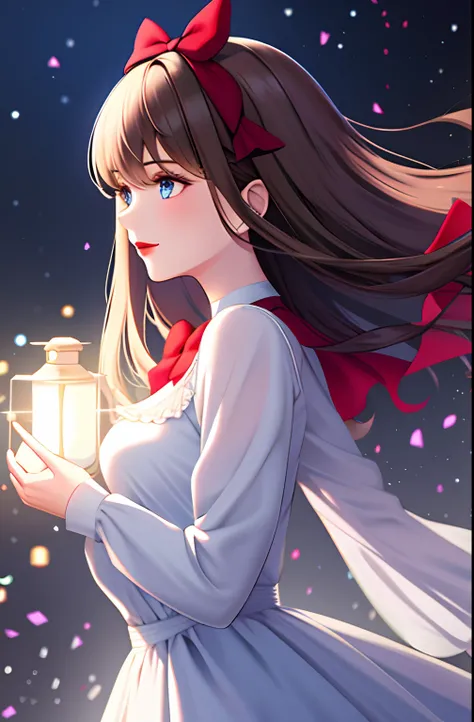 (extremely delicate and beautiful: 1.2), 1girl, bangs, blue eyes, blur, blur background, bow, brown hair, shut up, side view, hair between eyes, hair bow, lantern, light particles, long sleeves, look looking at audience, medium hair, night, red bow, solo, ...