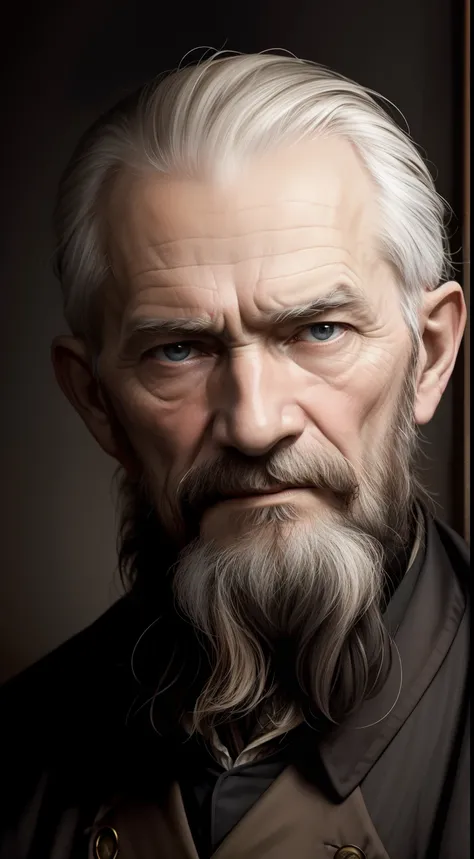 George Bernard Shaw, closeup character portrait, straight face, looking in front, with real skin color dark background.