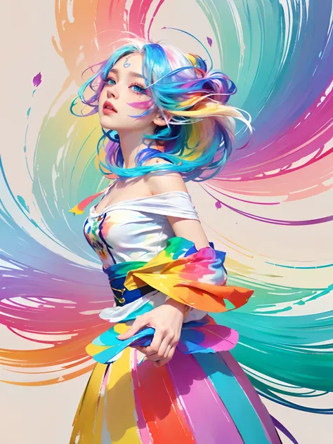 （Pink Fashion T-shirt：1.9），(Colorful hair: 1.8), (all the colours of the rainbow: 1.8),(((((vertical painting：1.6))), （painting：1.6），front, comics, illustrations, paintings, large eyes, crystal clear eyes,（ rainbow color gradient high ponytail：1.7）, exquis...