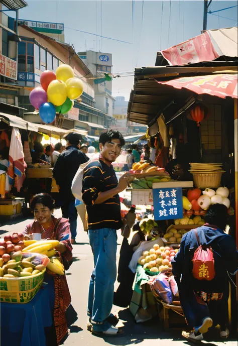 Draw a man standing in front of a food stall with a balloon, the vibrant echoes of the market, Market, street vendors, busy market, street market, ((oil painted)), wet market street, sunday afternoon, market setting, Album art, Cheerful ambiance, digital c...