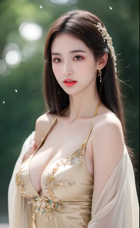 ((Best Quality, 8k, Masterpiece: 1.3)), Focus: 1.2, Perfect Body Beauty: 1.4, Buttocks: 1.2, ((Layered Haircut)), (Wet Clothes: 1.1), (Rain, Street:1.3), (Breasts: 1.2), (Hanfu: 1.2), Bare Shoulders, Bare Legs, Highly Detailed Face and Skin Texture, Fine E...