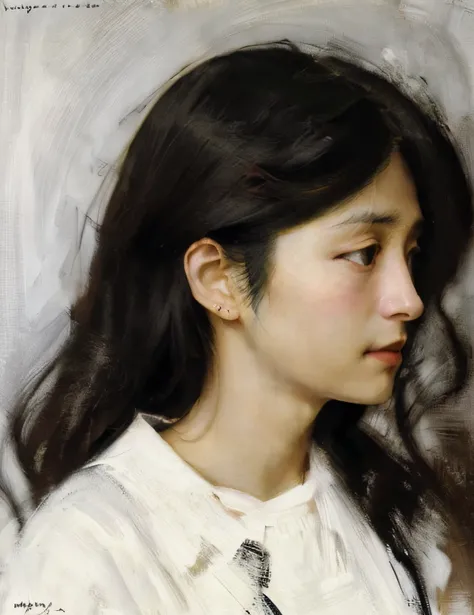 Sargent,Mucha, King,ctoil, 1girll, Black hair, Long hair, Realistic, profile, Lips, Closed mouth, shirt,