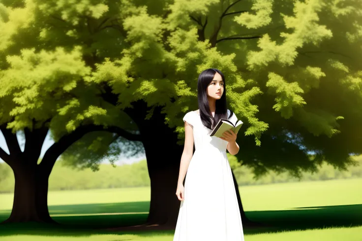 Black-haired girl in a white long dress with a book in her hand who stands in front of a mighty oak tree