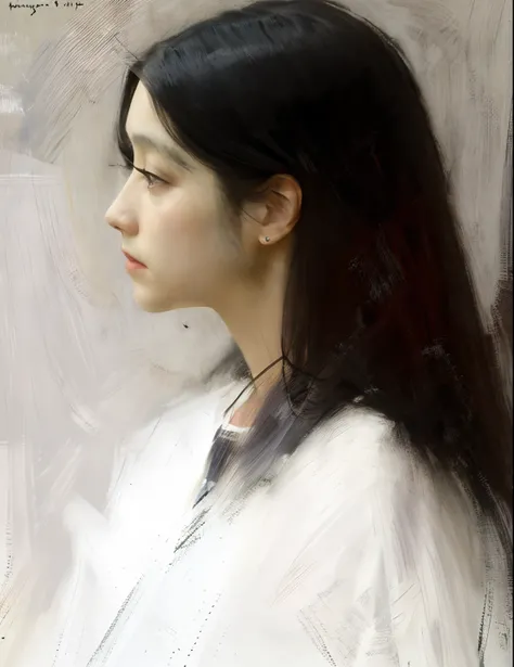 Sargent,Mucha, King,ctoil, 1girll, Black hair, Long hair, Realistic, profile, Lips, Closed mouth, shirt,