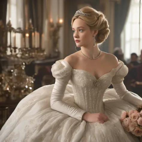 Victorian art style, Serious Greer Grammer wearing a stately and elaborate Cinderella ballgown of white satin and tulle adorned with (((huge ribbon bows))), roses, lace, frills, flounces, silver embroidery, silver braid, and jewels, with (((enormous puffed...