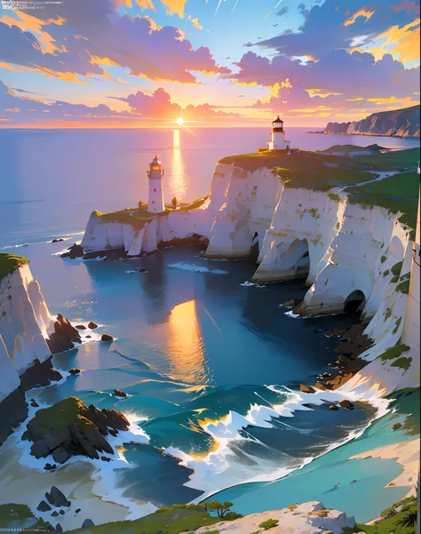 Expansive coastal view, (timeless beauty:1.2), (dramatic cliffs:1.1), pristine sandy beach, crystal clear turquoise waters, (gentle waves:0.9), (golden sunlight:1.2), (seabirds in flight:1.1), (whitewashed lighthouse:1.3), (majestic rock formations:1.2), (...